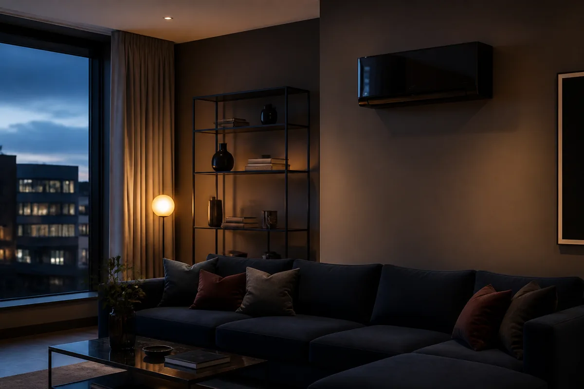 Designer mirror finish wall air conditioner in a contemporary apartment living space