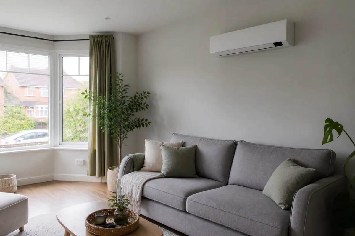 Modern living room with a slim wall air conditioner and no visible draught on the sofa