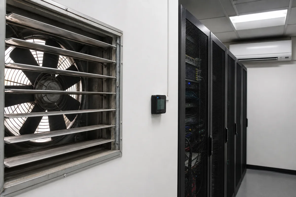 Server room wall with extract ventilation fan beside rack cabinets and temperature monitor