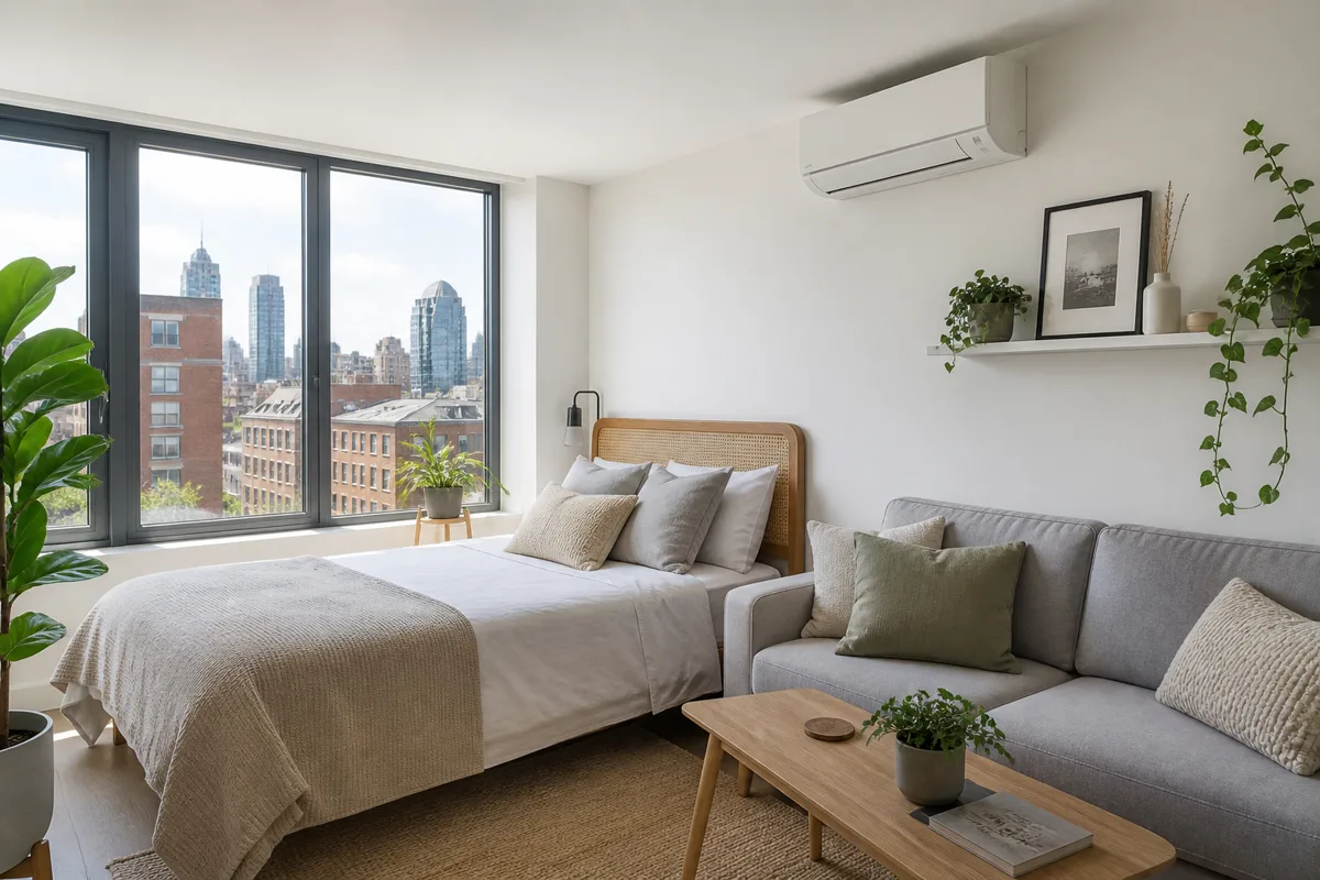 Compact wall mounted air conditioning unit in a bright UK studio flat with bed and sofa