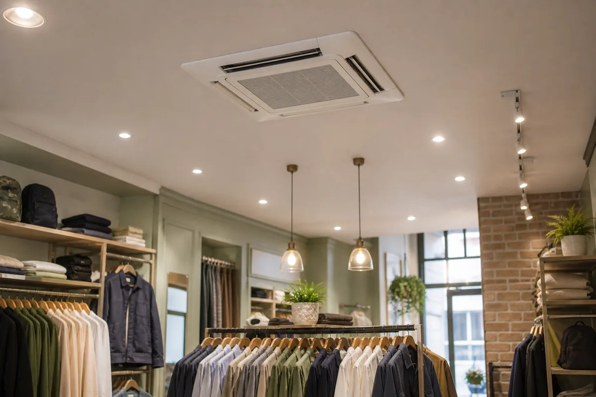 Ceiling cassette air conditioning unit in a UK retail shop interior with clothing rails