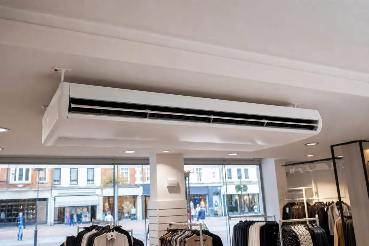 Under-ceiling indoor air conditioner mounted below a shop ceiling in a British high-street store