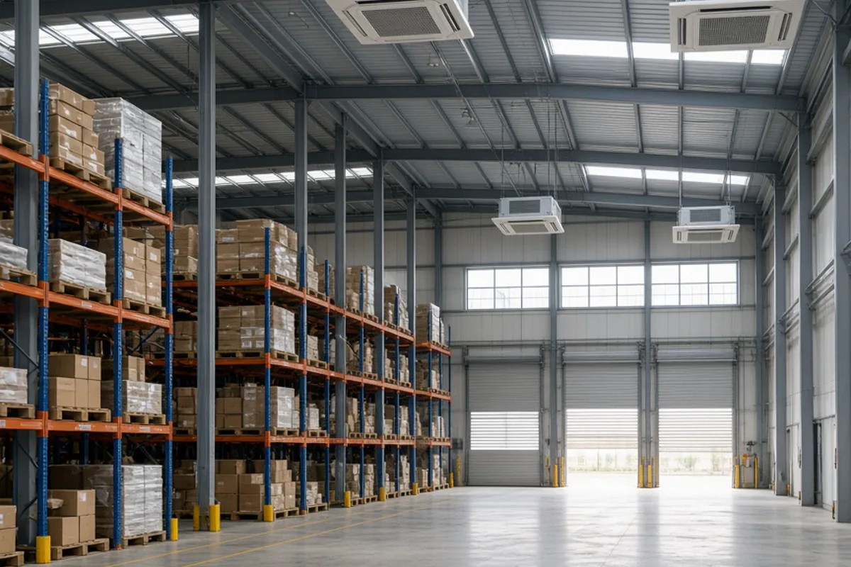 UK warehouse picking floor with high-level air handling and loading-bay doors in the background