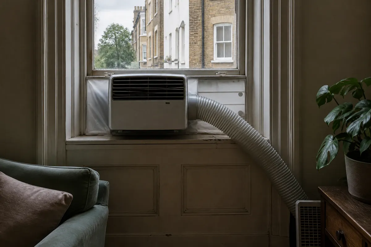 Through-window air conditioner fitted awkwardly in a British sash window