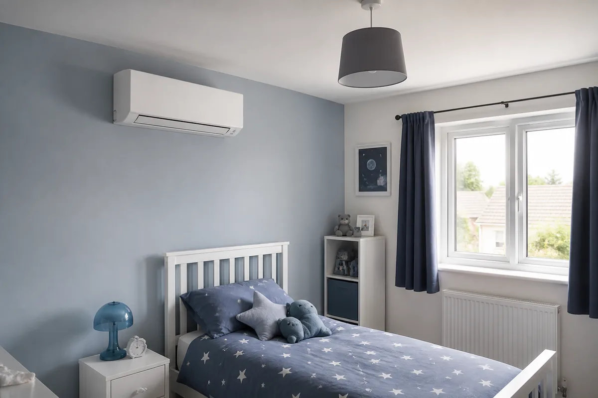 Wall-mounted air conditioning unit in a UK bedroom