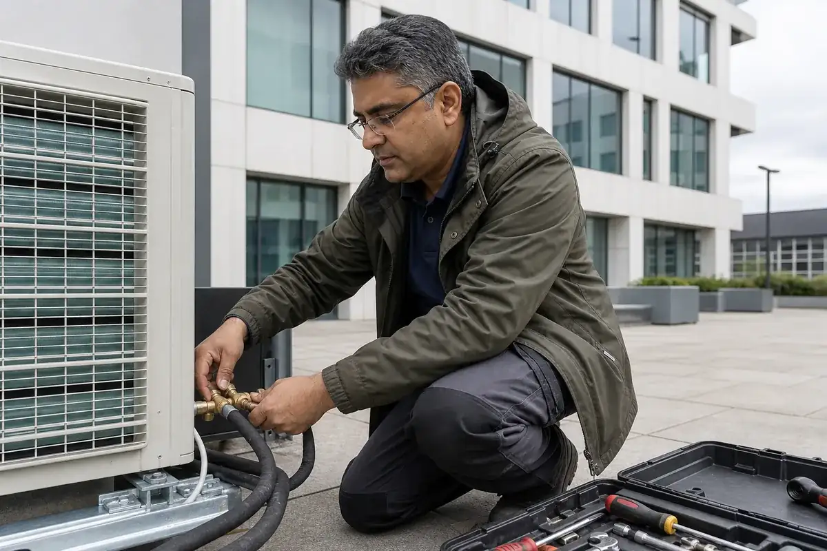Air conditioning engineer connecting pipework to an outdoor condenser at a commercial site