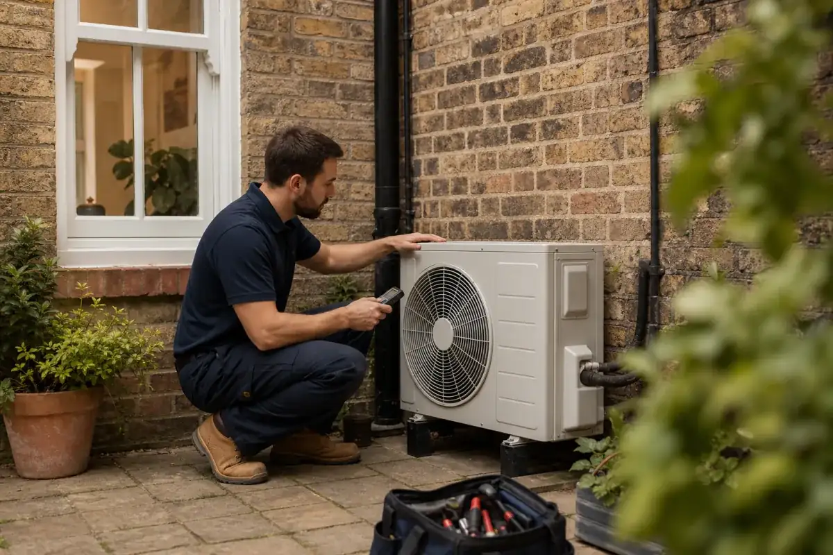 Air conditioning engineer inspecting an outdoor condenser at a London home