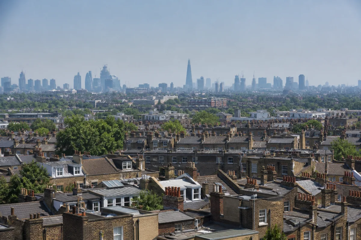 London rooftops in warm haze illustrating heat risk that drives cooling decisions
