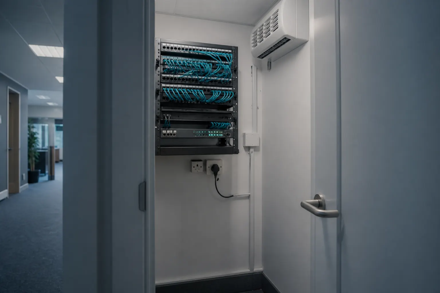 Network closet with rack equipment illustrating a small IT cooling brief