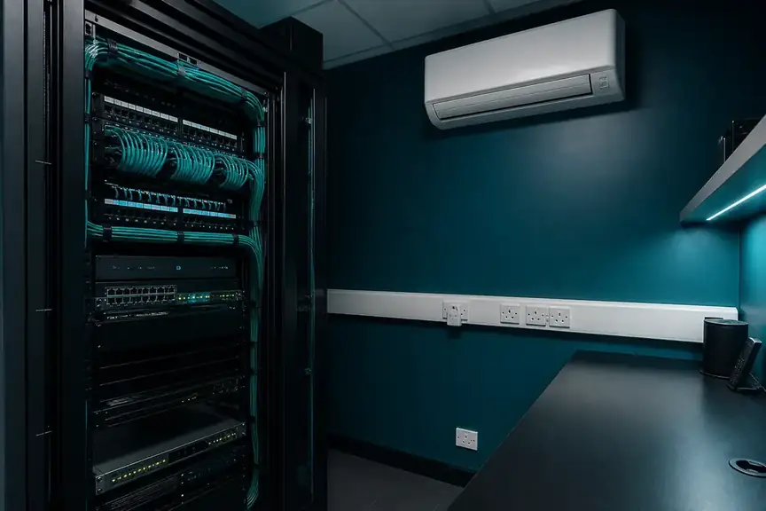Small server room with racks and wall-mounted cooling